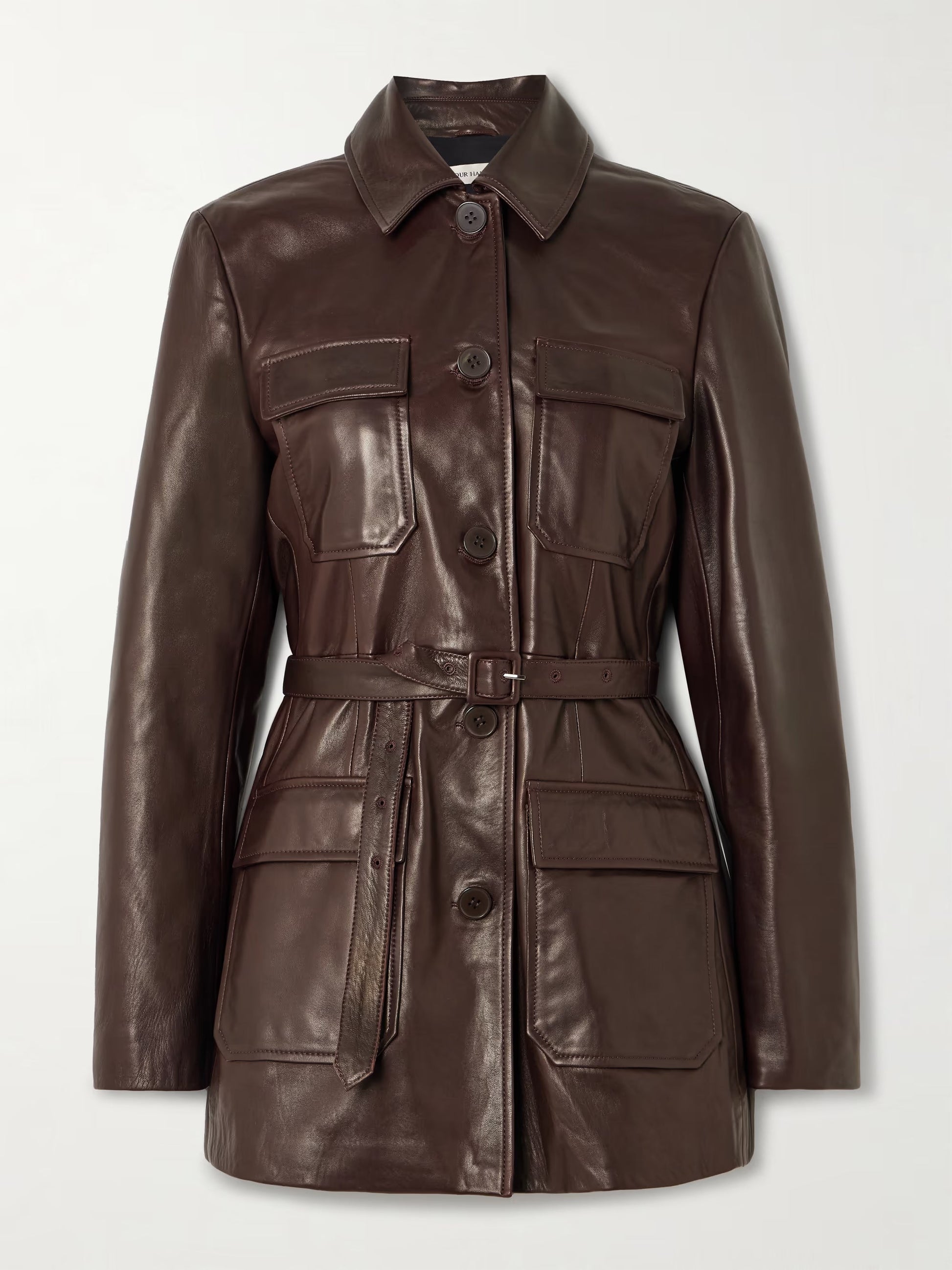 Brown leather jacket with a belt on a white background