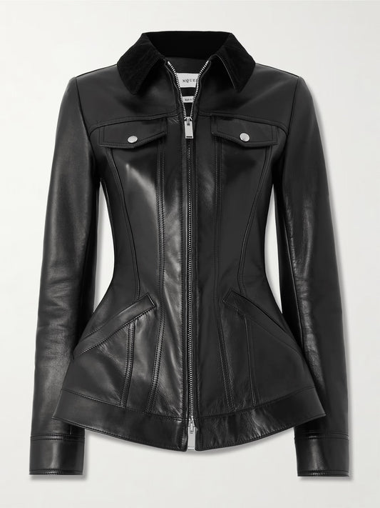 Women’s McQueen Trimmed Leather Peplum Jacket – Designer Inspired, Genuine Leather