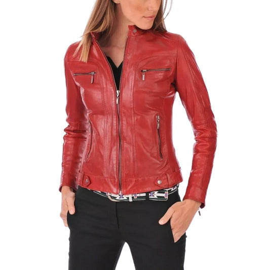Women's Red Biker Leather Jacket – Bold & Stylish Genuine Leather