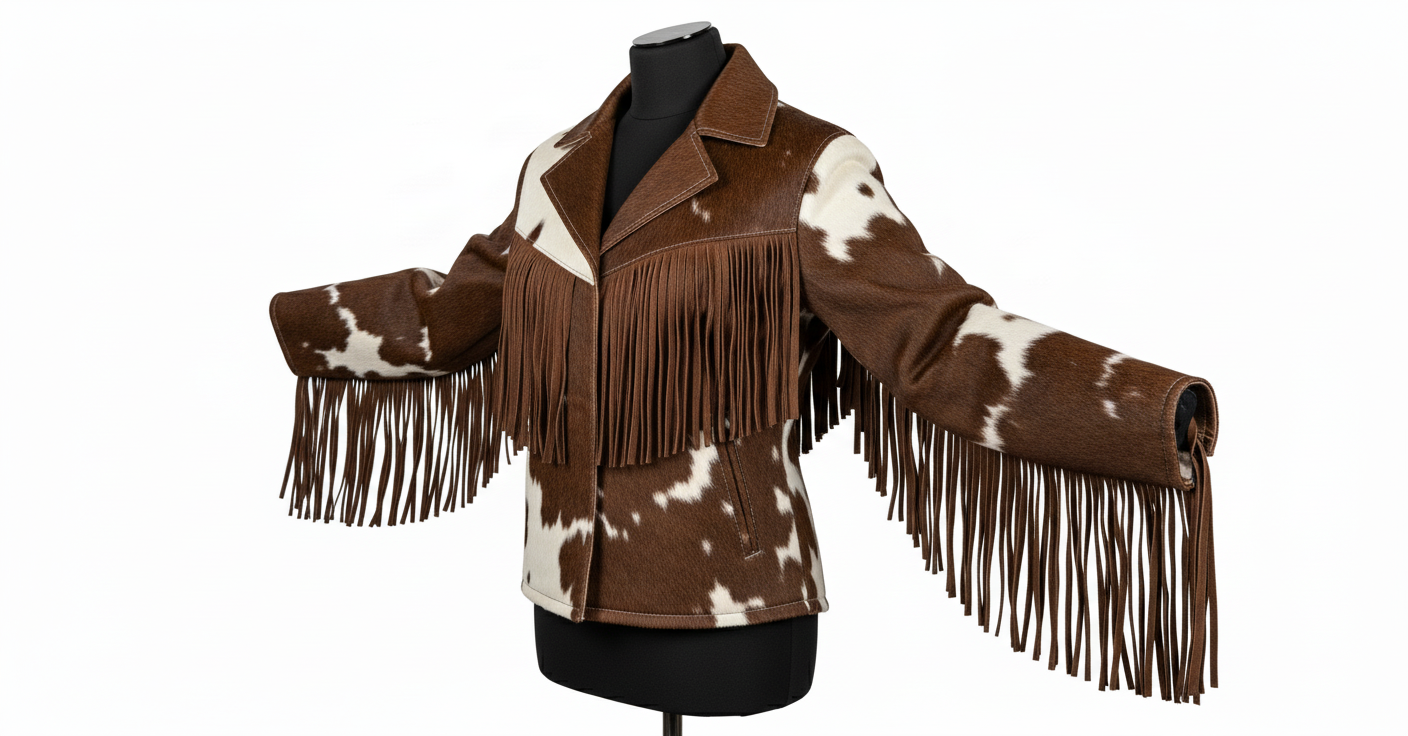 Cowhide Brown & White Fringe Western Jacket – Vintage Rodeo Style Cowboy Cow Print Coat