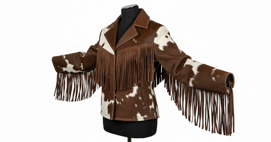 Cowhide Brown & White Fringe Western Jacket – Vintage Rodeo Style Cowboy Cow Print Coat
