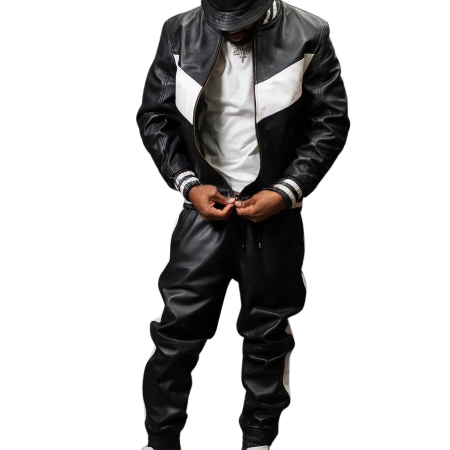 Black Leather Tracksuit with White Stripes – Sleek, Sporty & Street-Ready