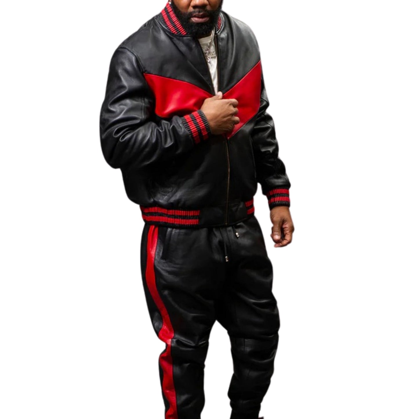 Black and Red Leather Tracksuit – Bold, Sleek & Street-Ready