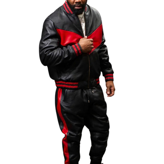 Black and Red Leather Tracksuit – Bold, Sleek & Street-Ready