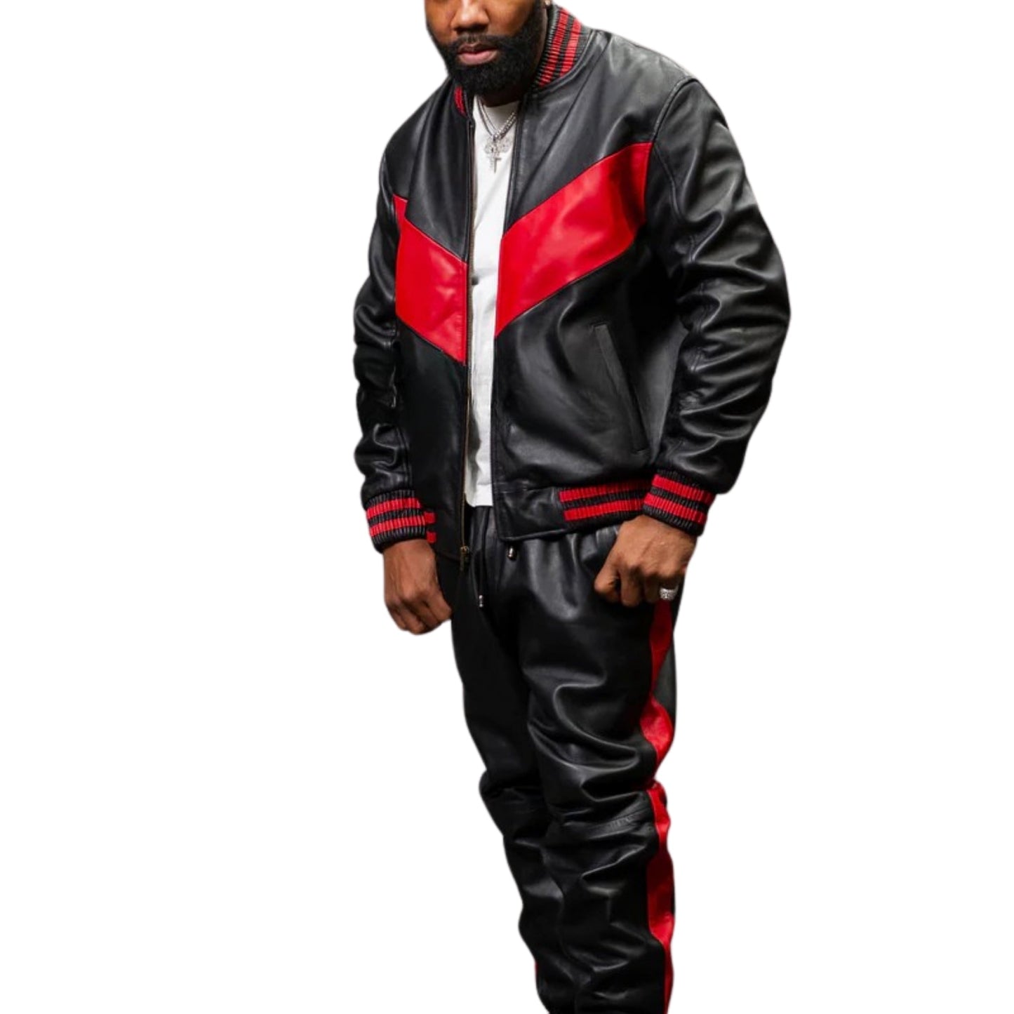 Black and Red Leather Tracksuit – Bold, Sleek & Street-Ready
