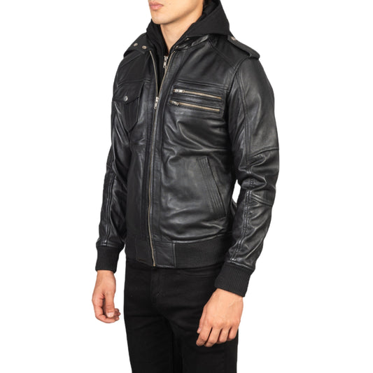 Men’s Black Hooded Leather Jacket – Stylish & Versatile Genuine Leather