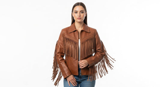 Women’s Brown Fringe Leather Jacket with Zipper – Western Style Genuine Leather