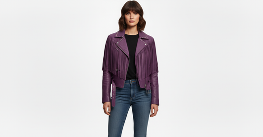 Women’s Purple Fringe Leather Biker Jacket – Genuine Moto Style
