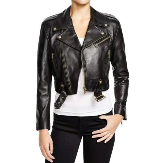 Women's Black Cropped Biker Jacket – Edgy & Stylish Genuine Leather