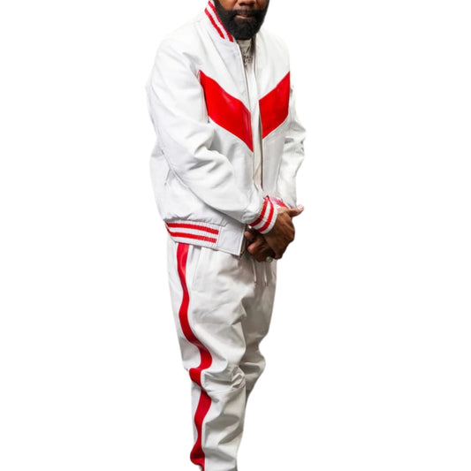 White & Red Leather Tracksuit – Bold, Sleek & Statement-Making