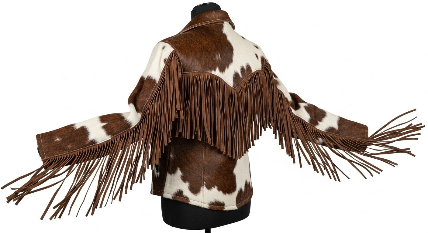 Cowhide Brown & White Fringe Western Jacket – Vintage Rodeo Style Cowboy Cow Print Coat