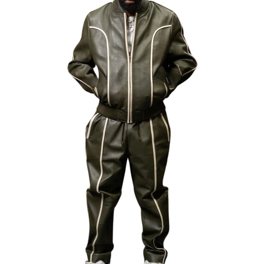 Olive Green Leather Tracksuit – Sleek, Stylish & Timeless