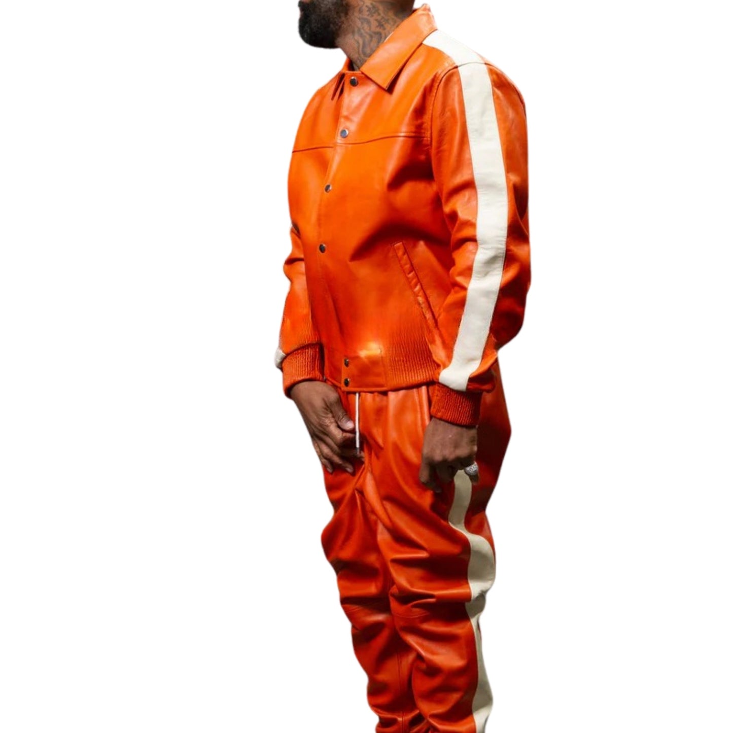 Orange Leather Tracksuit – Bold, Sleek & Statement-Making