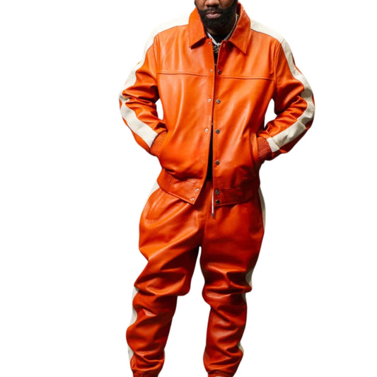 Orange Leather Tracksuit – Bold, Sleek & Statement-Making