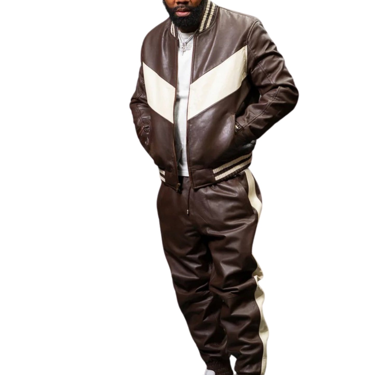 Brown & White Leather Tracksuit – Sleek, Stylish & Sporty