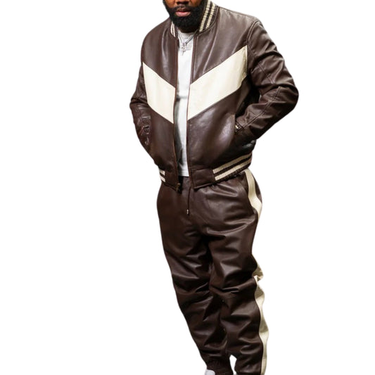 Brown & White Leather Tracksuit – Sleek, Stylish & Sporty