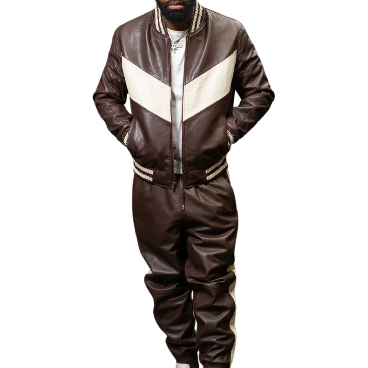 Brown & White Leather Tracksuit – Sleek, Stylish & Sporty