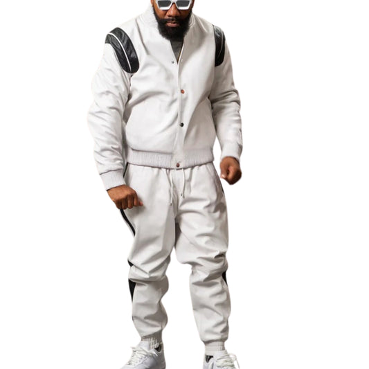 White Leather Tracksuit with Black Stripes – Sleek, Sporty & High-Fashion