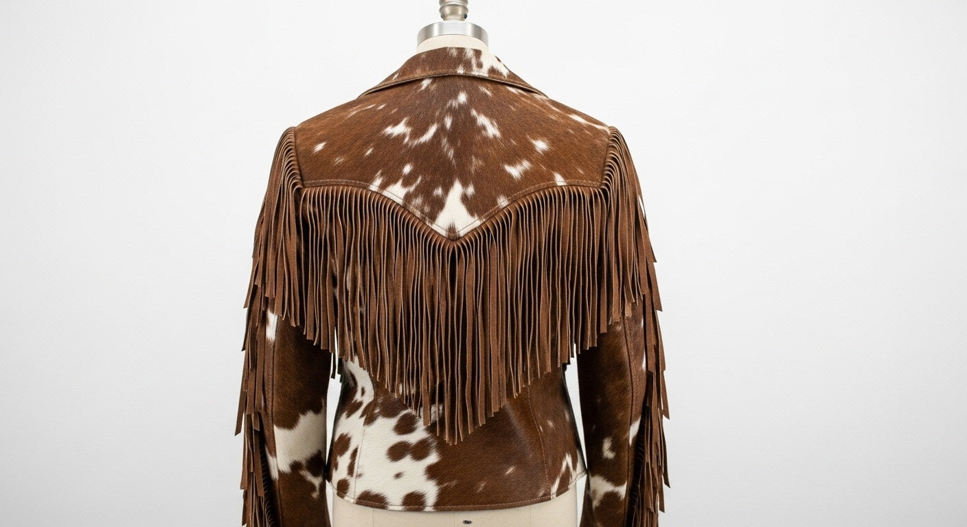 Cowhide Brown & White Fringe Western Jacket – Vintage Rodeo Style Cowboy Cow Print Coat