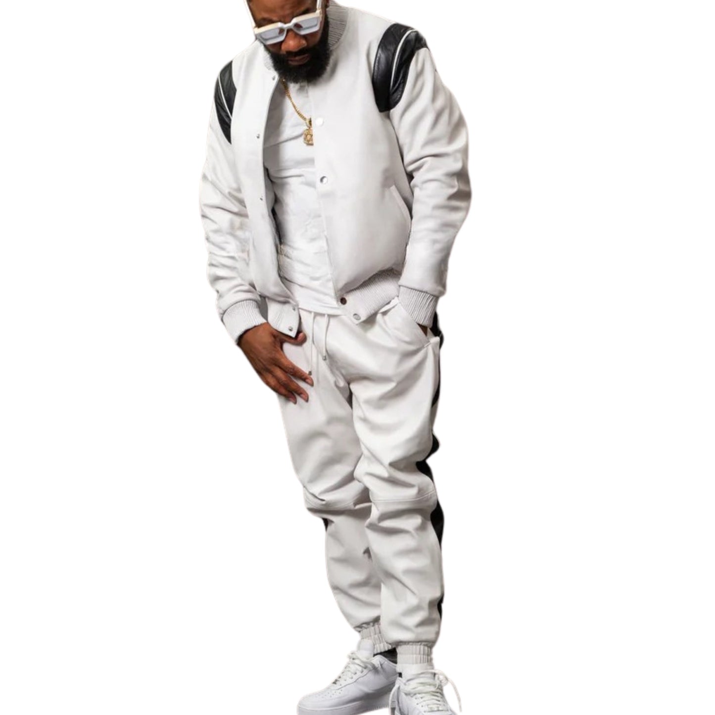 White Leather Tracksuit with Black Stripes – Sleek, Sporty & High-Fashion