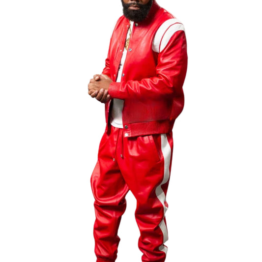 Red Leather Tracksuit with White Accents – Bold, Sleek & Sporty