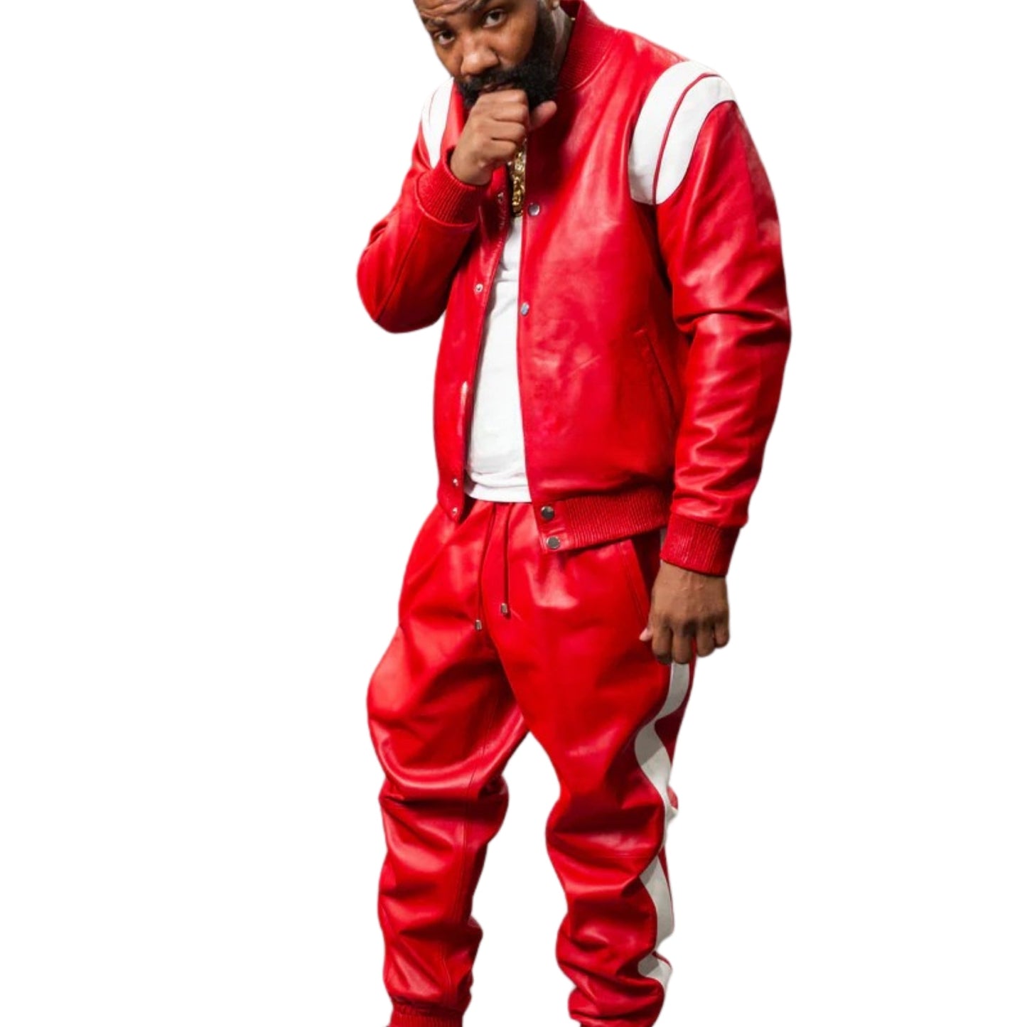 Red Leather Tracksuit with White Accents – Bold, Sleek & Sporty
