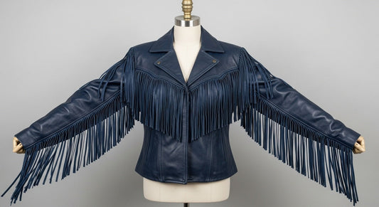 Women’s Navy Fringe Moto Leather Jacket – Genuine Leather Biker Style