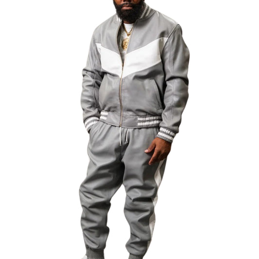 Gray Leather Tracksuit with White Accents – Sleek, Modern & Sporty