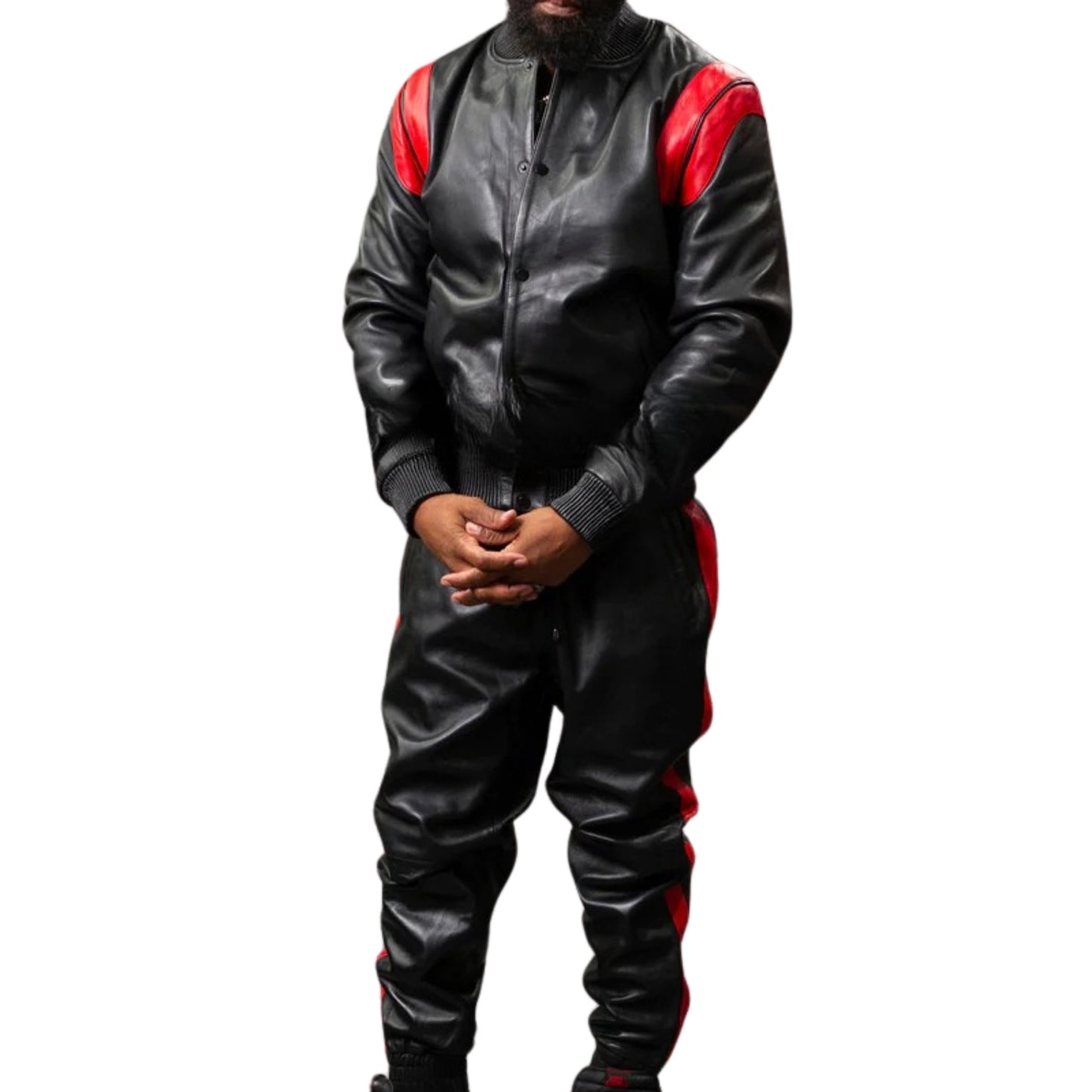 Black Leather Tracksuit with Red Stripes – Bold, Sleek & Sporty