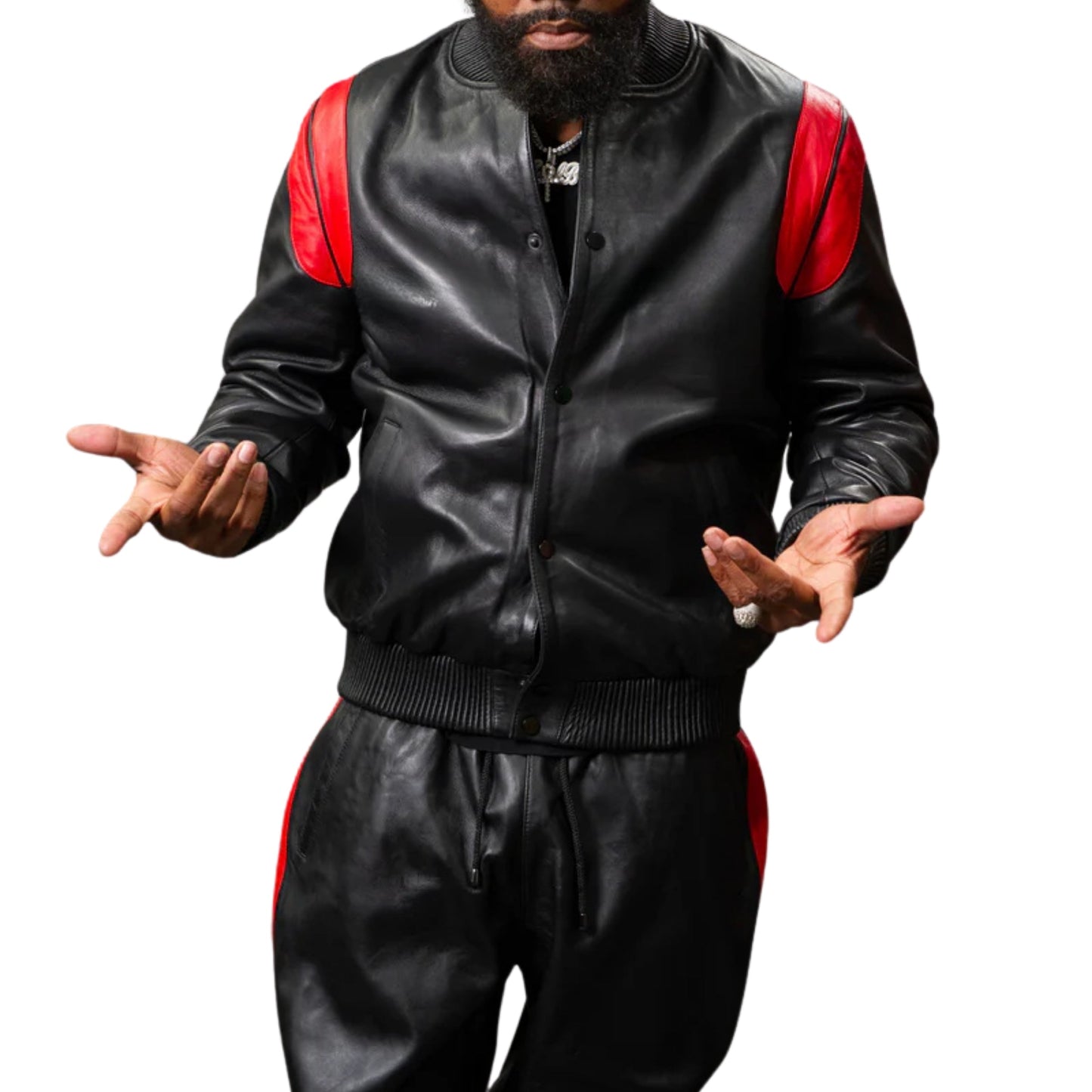 Black Leather Tracksuit with Red Stripes – Bold, Sleek & Sporty