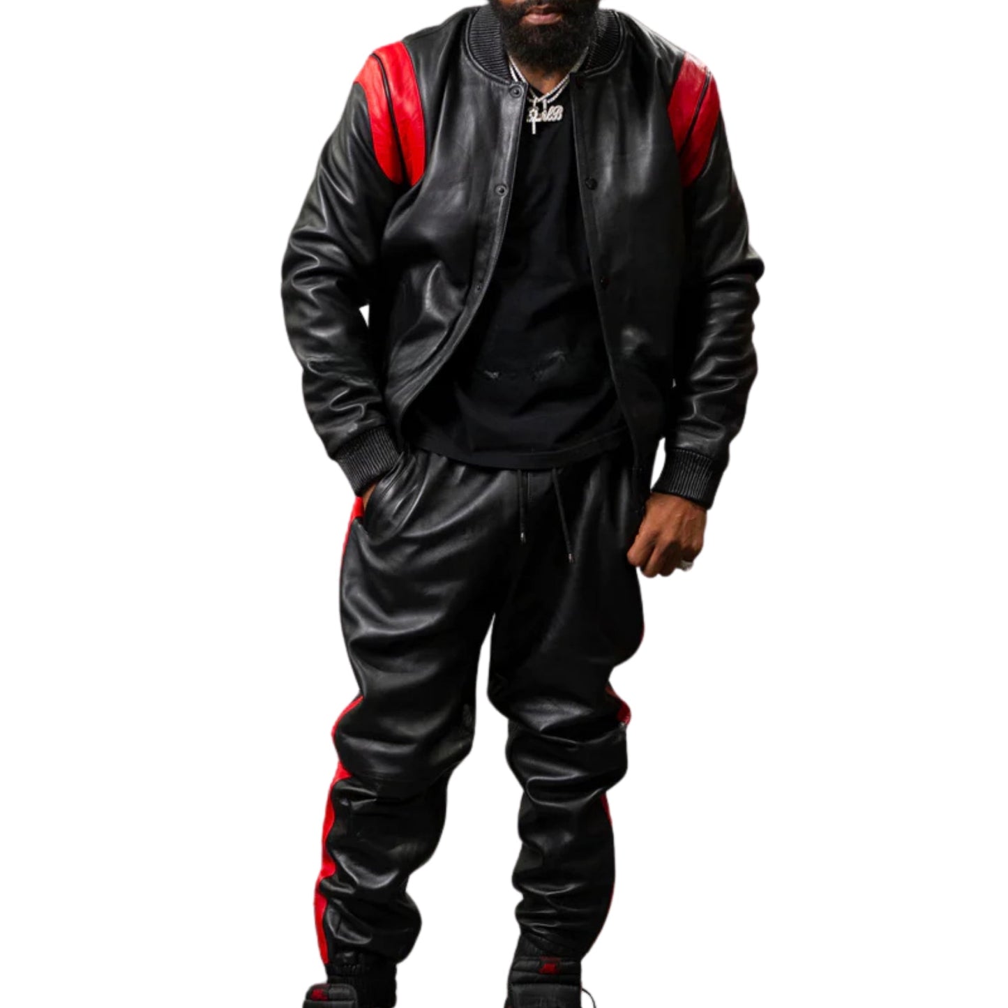 Black Leather Tracksuit with Red Stripes – Bold, Sleek & Sporty