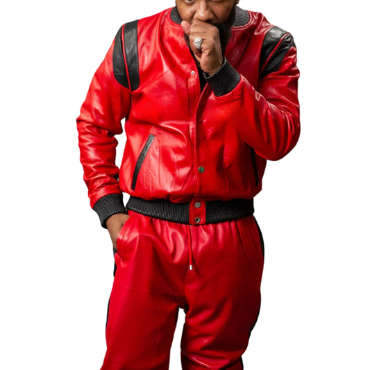 Red Leather Tracksuit with Black Accents – Bold, Sleek & Sporty