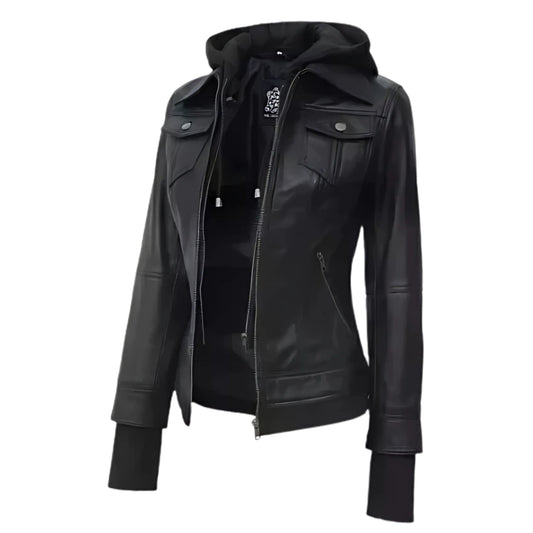 Women's Black Hooded Leather Jacket – Stylish & Versatile Genuine Leather