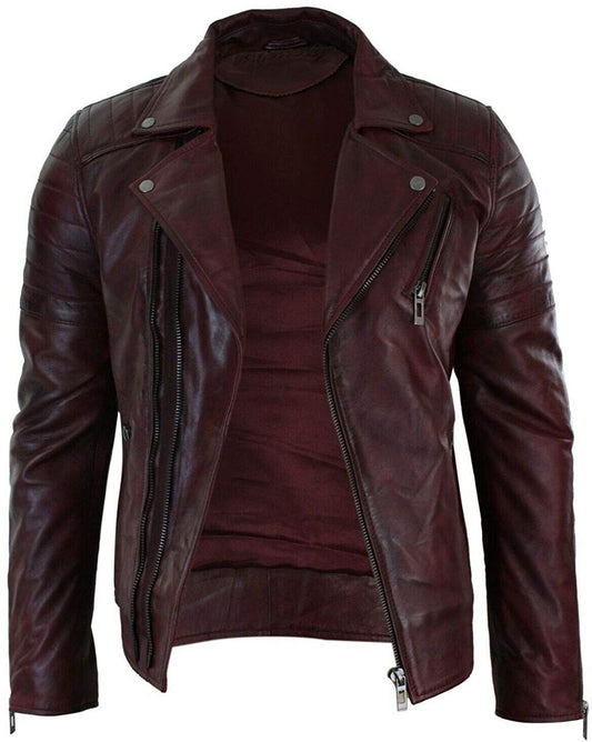 Men's Vintage Black Cross Zip Leather Biker Jacket