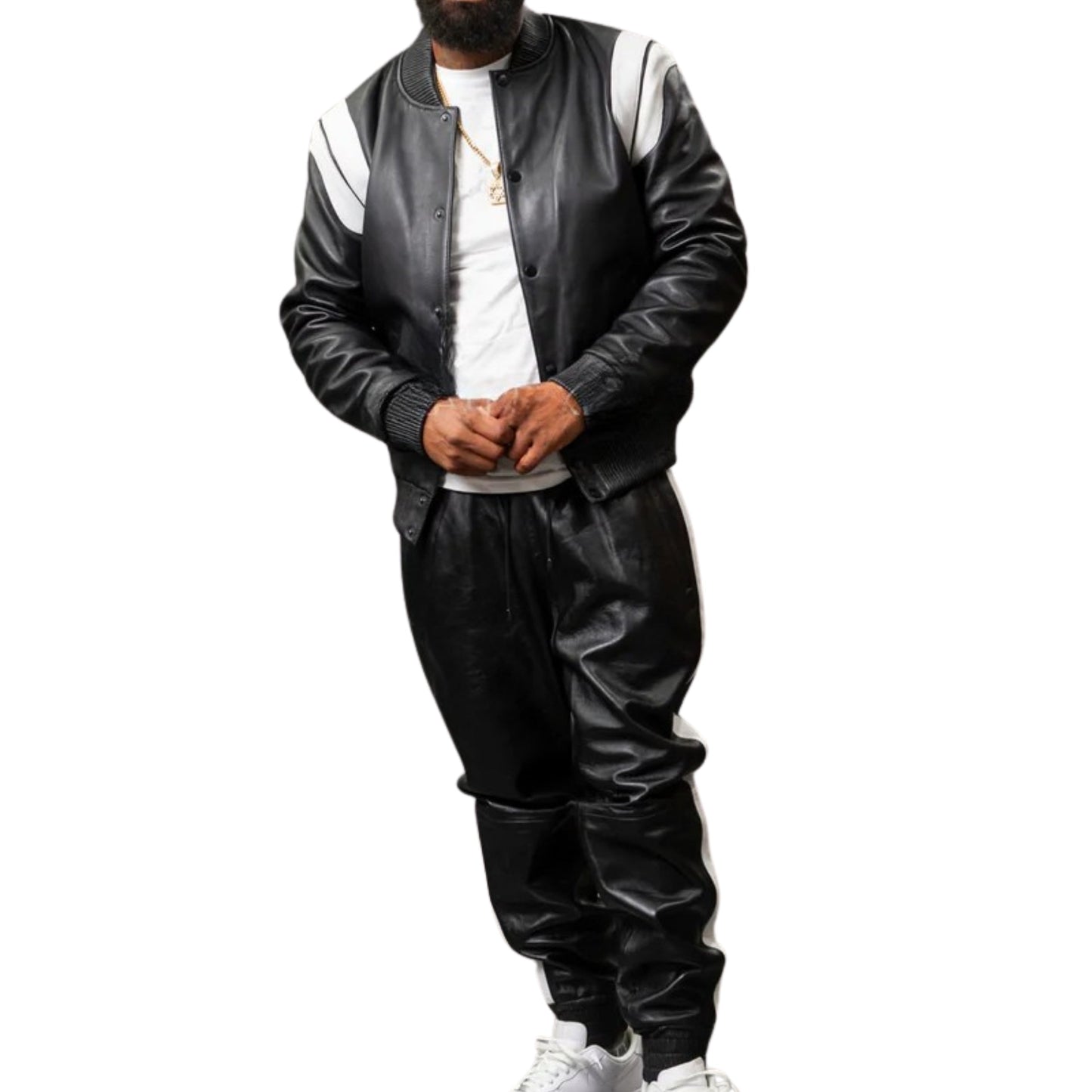 Black Leather Tracksuit with White Accents – Sleek, Sporty & Timeless