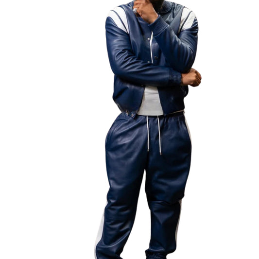 Navy Leather Tracksuit with White Accents – Sleek, Sporty & Timeless