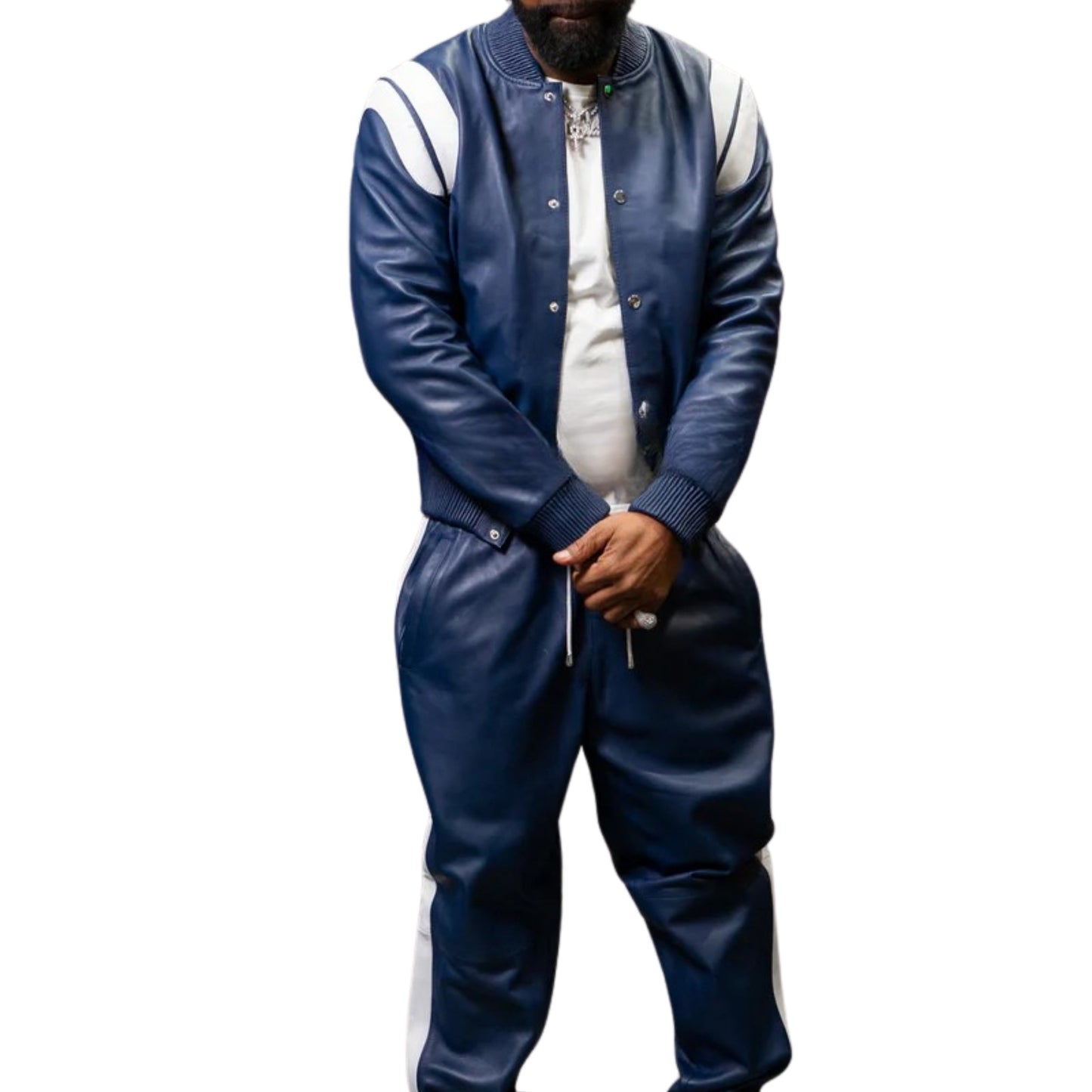 Navy Leather Tracksuit with White Accents – Sleek, Sporty & Timeless
