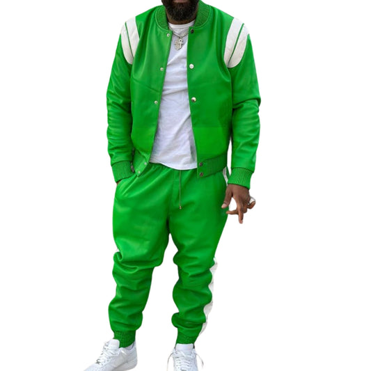 Green Leather Tracksuit with White Accents – Fresh, Bold & Sporty