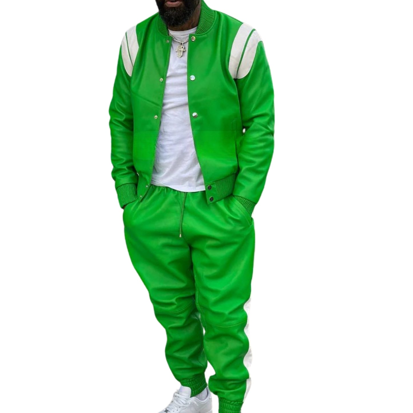 Green Leather Tracksuit with White Accents – Fresh, Bold & Sporty