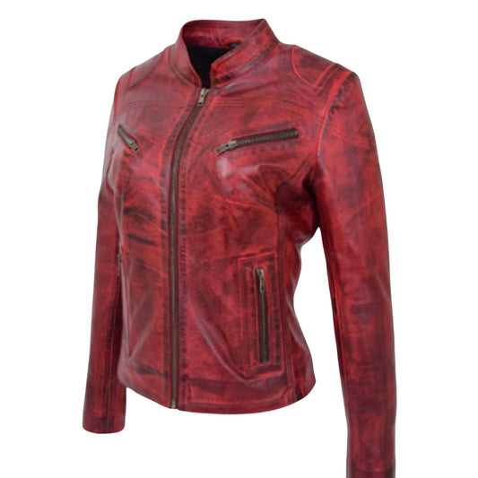 Women's Red Vintage Biker Leather Jacket