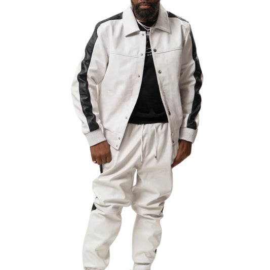 Off-White Leather Tracksuit with Black Accents – Sleek, Bold & Modern
