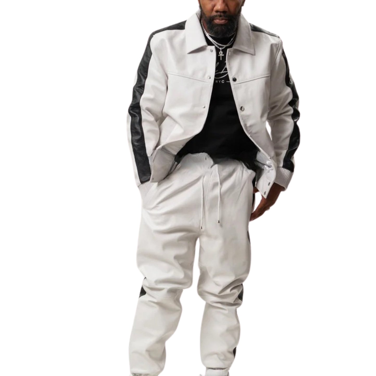 Off-White Leather Tracksuit with Black Accents – Sleek, Bold & Modern