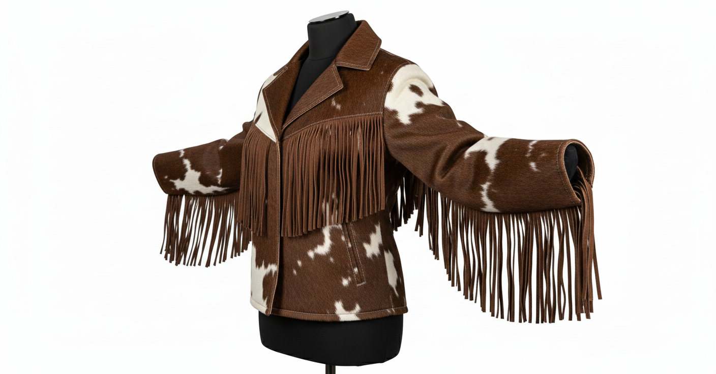 Cowhide Brown & White Fringe Western Jacket – Vintage Rodeo Style Cowboy Cow Print Coat