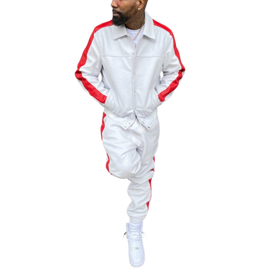 White & Red Leather Tracksuit – Sleek, Bold & Sporty