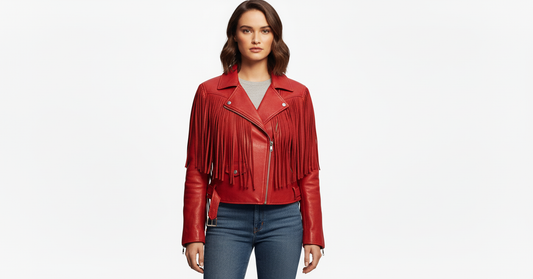 Women’s Red Fringe Leather Biker Jacket – Genuine Leather Moto Style