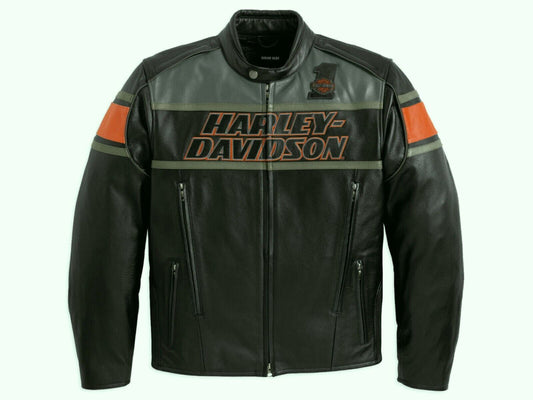Harley Davidson Men’s Rumble Colorblocked Leather Jacket – Black & Orange Motorcycle Riding Ge