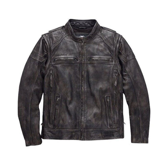Harley Davidson Men’s Convertible 2-in-1 Leather Jacket – Detachable Sleeve Motorcycle Riding Gear