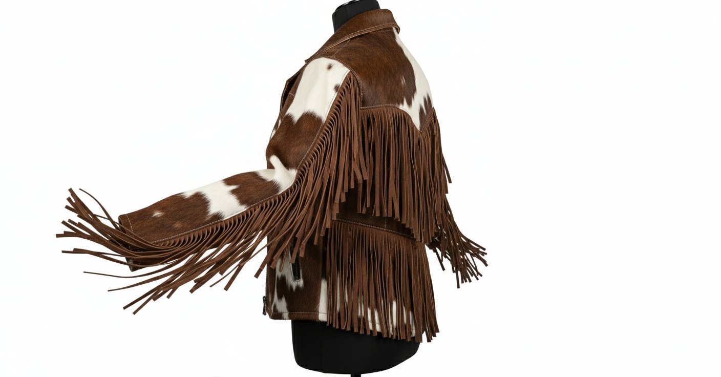 Cowhide Brown & White Fringe Western Jacket – Vintage Rodeo Style Cowboy Cow Print Coat