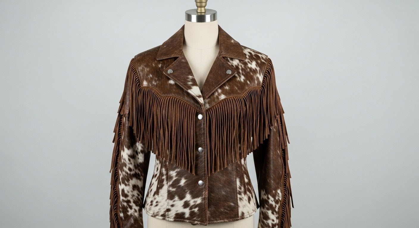 Cowhide Brown & White Fringe Western Jacket – Vintage Rodeo Style Cowboy Cow Print Coat