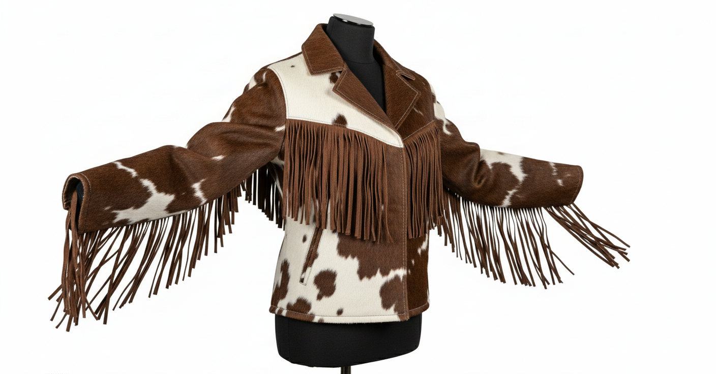 Cowhide Brown & White Fringe Western Jacket – Vintage Rodeo Style Cowboy Cow Print Coat